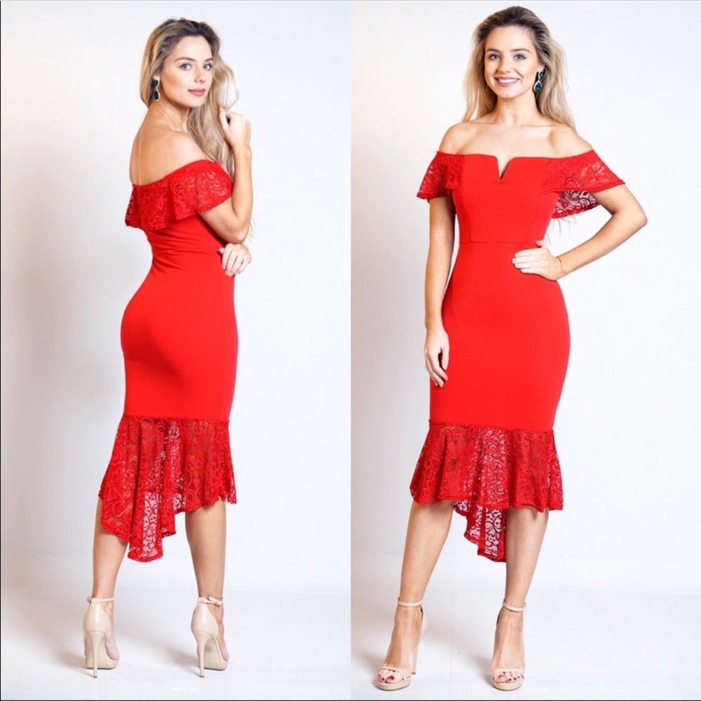 Red Lace Detail Asymmetric Dress